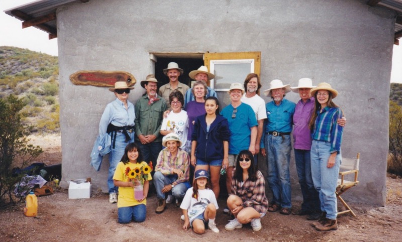 Strawbale Hermitage: Judith McBride, Charlie Thomas, David Omick, Daniel Baker, Al Billings, Jim & Pat Corbett, Karen McKelvey. Next row Mary Lou Gonzales, Shirley Pevarnik (purple shirt), Carol Bribach (blue shirt), Meredith Little (kneeling, hat)